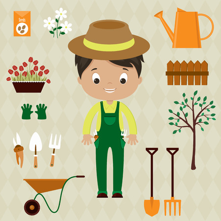 Gardener man with garden tools, equipment and flowers. Cute cartoon vector illustration.のイラスト素材