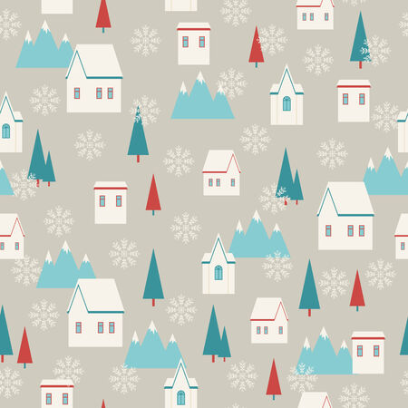 Snowy village retro seamless patternのイラスト素材