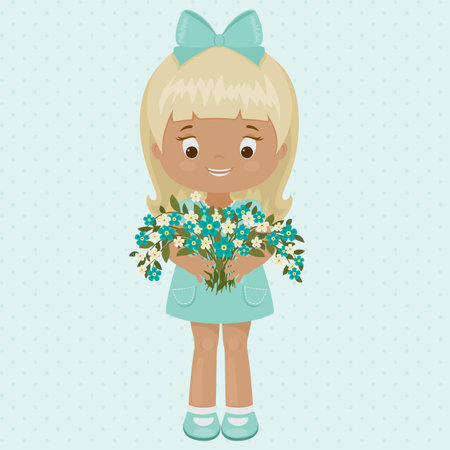 Pretty and happy little girl in a blue dress with bouquet of forget-me-not.のイラスト素材