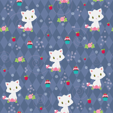Seamless pattern with adorable white kitten, flowers, raspberries and muffinsのイラスト素材