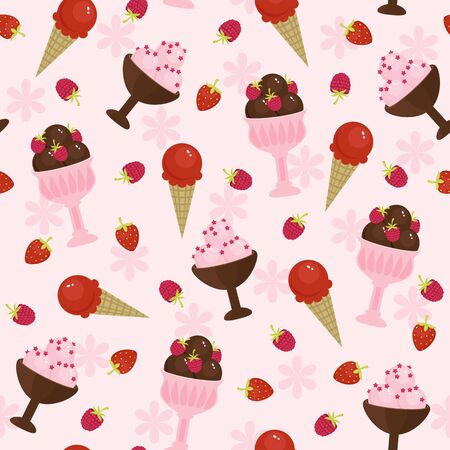 Strawberry, raspberry and chocolate ice creams seamless patternのイラスト素材