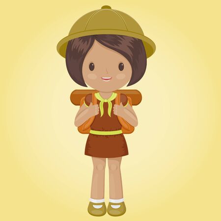 Scout  girl with backpack in a scout hat. Vector illustration.のイラスト素材