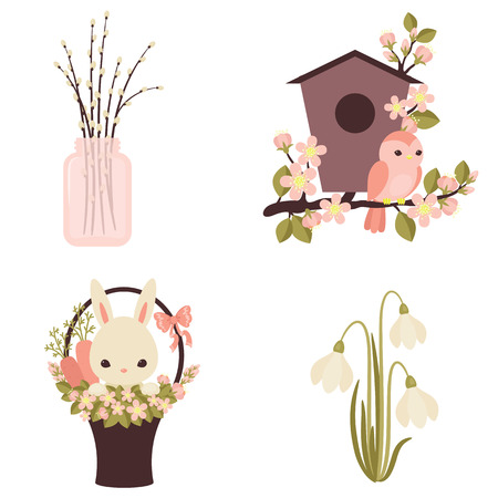 Spring icons. Flowers and animals. Four vector illustrations. のイラスト素材