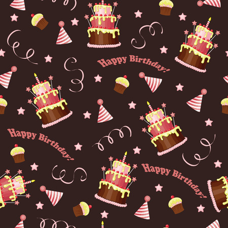 Seamless birthday pattern with cake, muffin, birthday hat, ribbon, star and textのイラスト素材