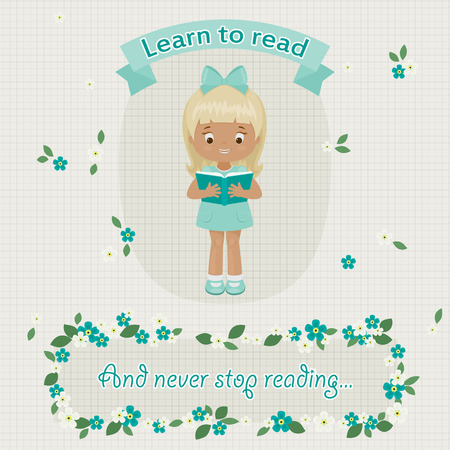 Reading girl. Little girl in a blue dress reading a book. Text on the banner and in the floral frame.のイラスト素材