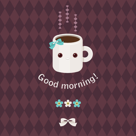 Good morning beautiful greeting card. Adorable coffee cup character, greeting text, flowers and bow.のイラスト素材