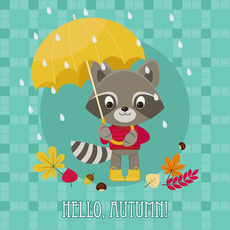 Greeting card "Hello autumn" with cute raccoon character under umbrella.のイラスト素材