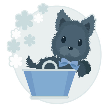 Scotch terrier with blue bow in a blue basket on floral background.のイラスト素材