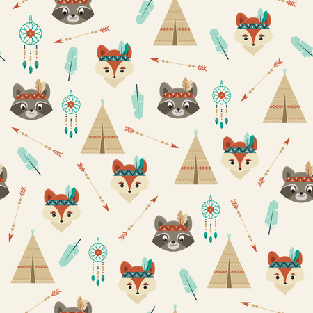 American indian fox and raccoon characters, wigwam, feather, bow and arrow, dream catcher. Cute seamless pattern.のイラスト素材