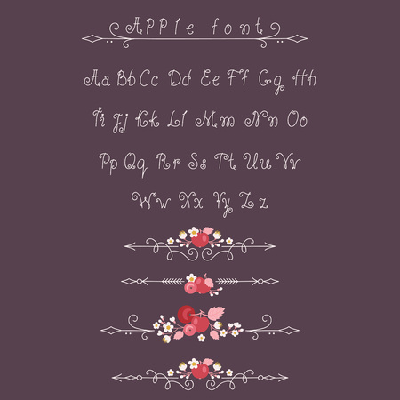 Hand written alphabet with apples, apple blossom and decorative arrowsのイラスト素材