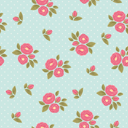 Shabby chic polka dot flora vintage pattern. Pink peonies with green leaves on blue polka dot background.のイラスト素材