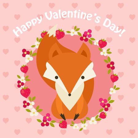 Saint Valentine's Day cute pink card with fox. Text "Happy Valentine's Day!"のイラスト素材