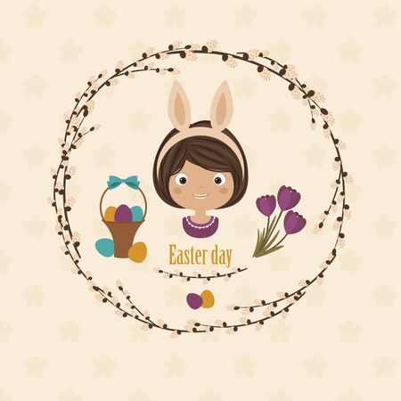 Easter day greeting card. Happy little girl with Easter eggs and spring flowersのイラスト素材