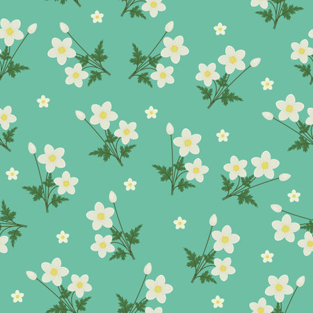 Spring flowers seamless pattern. White anemones on turquoise background