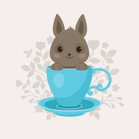 Gray Rabbit in a Blue Tea Cup Vector Illustration. Cute Curious Bunny Peeping from the Cup.のイラスト素材