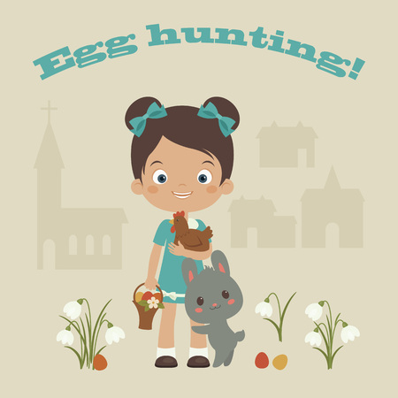 Easter card. illustration. Egg hunting announcement. Cartoon flat style. Happy child with Easter bunny, chicken and Easter basket.のイラスト素材