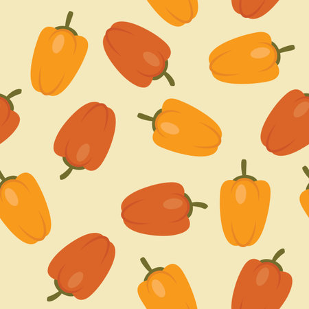 Seamless red and yellow peppers pattern. Vector illustration. Garden vegetables wallpaper.のイラスト素材