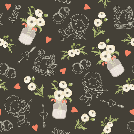 Rustic wedding vector seamless pattern. Whie poppy flowers, mason jars, flowers, hearts, swans, angels. Eps 10のイラスト素材