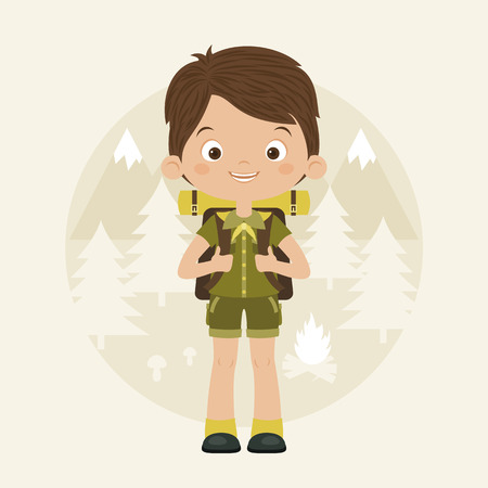 Happy boy scout with backpack in forest. Vector cartoon illustration. Scouting concept.のイラスト素材