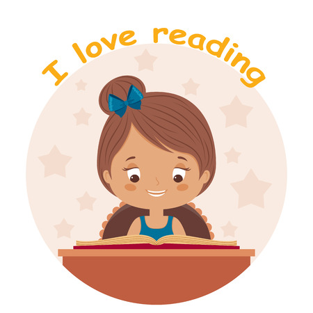 Little girl reading a book with a text "I love reading". Happy child is reading. Little girl loves to read. Vector cartoon illustration.のイラスト素材