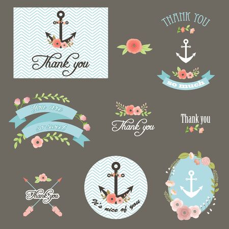 Thank you notes. Lettering with flowers and anchors. Vector icons/tags/labels set.のイラスト素材