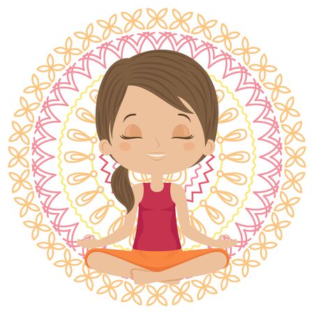 Woman doing yoga. Girl sitting in a lotus position with mandala on background. Vector illustrationのイラスト素材