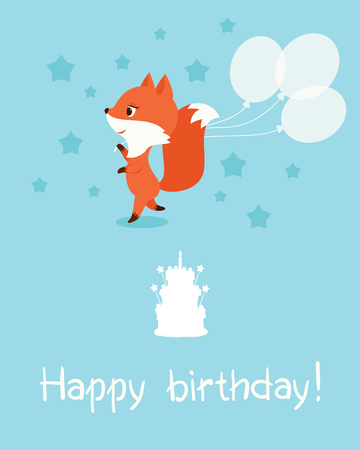 Birthday card. Little fox with balloons. Text "Happy birthday", birthday cake silhouette. Vector illustration.のイラスト素材