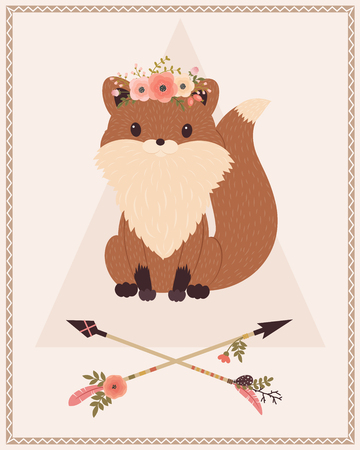 Tribal fox with floral wreath on a head and crossed arrows. Vector cartoon illustration.のイラスト素材