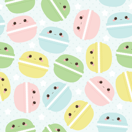 macarons seamless pattern. Cute french cookies characters. Colorful macarons on blue polka-dot background. Vector illustrationのイラスト素材