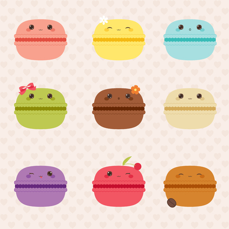 macarons icons set. Cute french cookies characters. Colorful macarons with different flavors on seamless background. Every macaron is grouped. Vector illustrationのイラスト素材