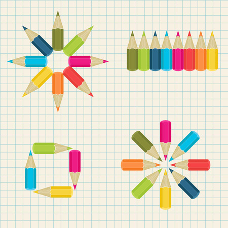 Lots of colorful pencils stacked in different shapes on notebook background. Vector illustration.のイラスト素材
