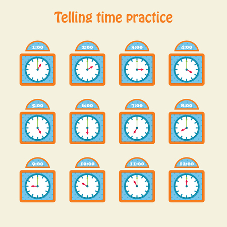 Telling time practice. Educational art. Vector illustrationのイラスト素材