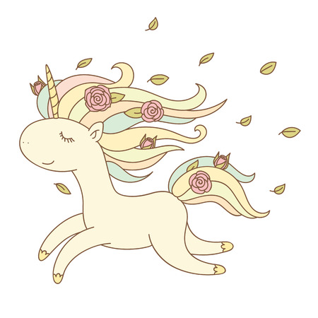 Happy unicorn running with flowers in its mane. Isolated over white background. Vector hand drawn illustration.のイラスト素材