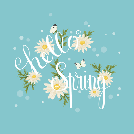Hello Spring hand lettering. Flowers, leaves and butterflies on blue background. Vector illustrationのイラスト素材