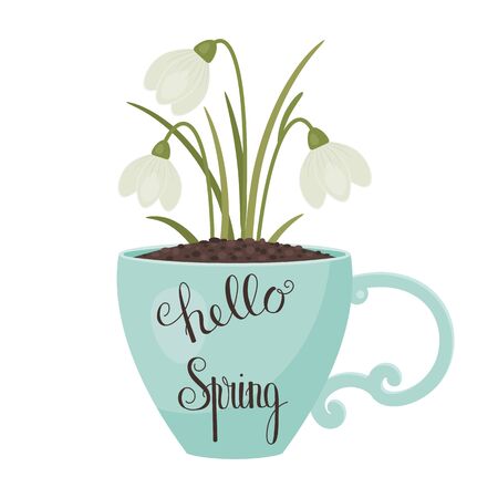Hello Spring lettering. Hand drawn text on a cup with snowdrops. Spring quote. Vector illustrationのイラスト素材