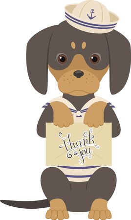 Dachshund holds an envelope with Thank You note. Nautical theme. Dog wears seaman costume. Vector illustration isolated over white.のイラスト素材