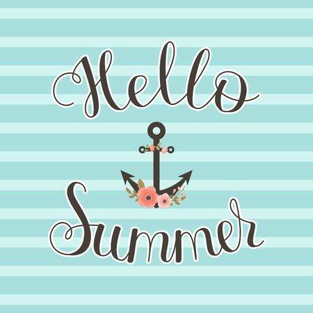 Hello Summer lettering with floral anchor. Handwritten script/sign/inscription.のイラスト素材