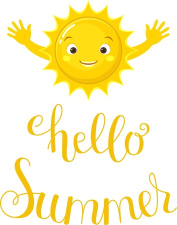 Hello Summer lettering. Yellow text with happy sun going to hug you. Handwritten script sign or inscription.のイラスト素材