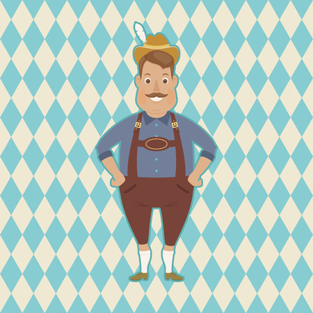 German man staying on Bavarian background. Funny cartoon character. Vector art.のイラスト素材