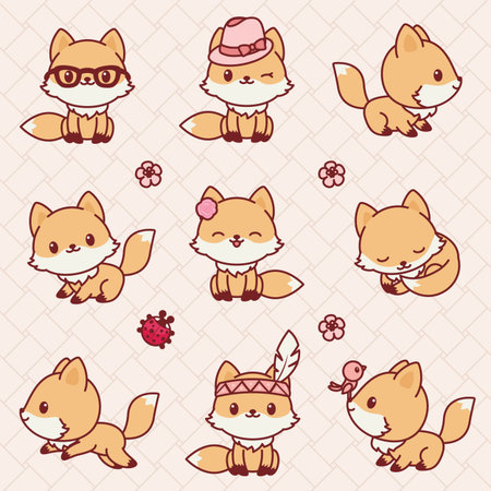 Cute little foxes in Kawaii style. Vector icons set.のイラスト素材