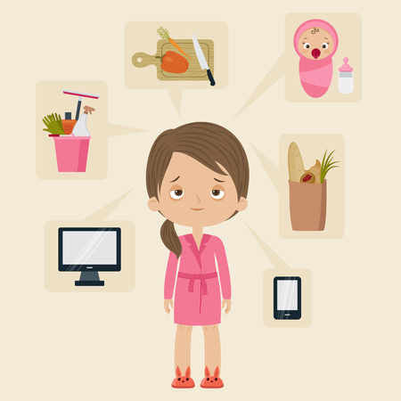Busy woman concept. Woman in a bath suit with many things to do during the day around her. Vector cartoon illustration.  Eps 10のイラスト素材