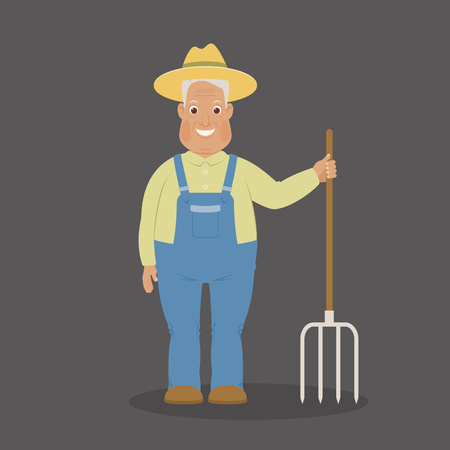Smiling farmer staying with pitchfork. Funny cartoon character. Vector art.のイラスト素材