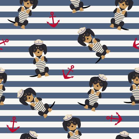 Dachshund puppy in a sailorman costume with anchors around. Vector seamless pattern.のイラスト素材