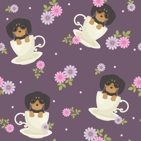 Dachshund puppy sitting in a cup with flowers around. Vector seamless pattern.のイラスト素材