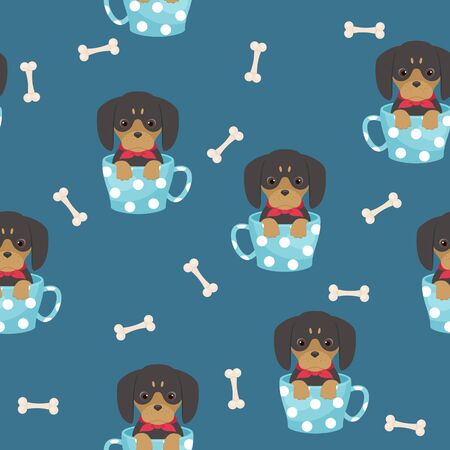 Dachshund puppy sitting in a cup with bones around. Vector seamless pattern. EPS 10のイラスト素材
