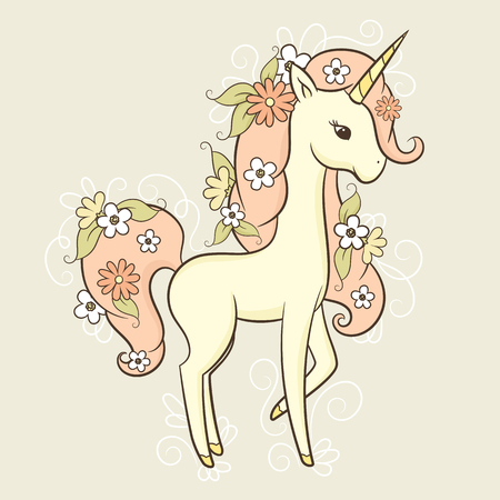 Romantic and elegant unicorn in flowers. Wallpaper, card, sticker or poster design. Vector hand drawn illustrationのイラスト素材