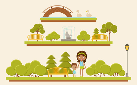 Park view/panorama with family. Vector illustrationのイラスト素材