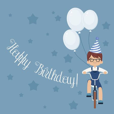 Happy laughing little boy riding a bicycle in party hat, with balloons. Happy Birthday hand lettering. Greeting card template.のイラスト素材