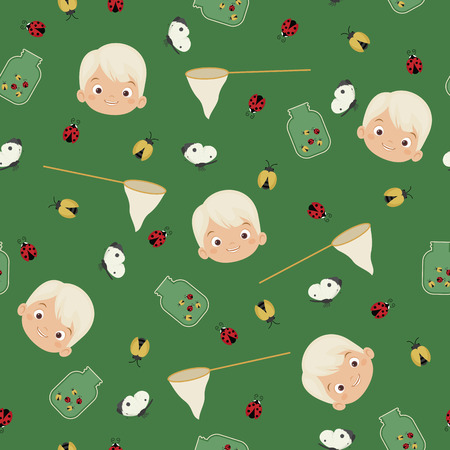 Little boy catching beatles/bugs and butterflies. Seamless vector pattern/wallpaper. Fabric design for boys.のイラスト素材