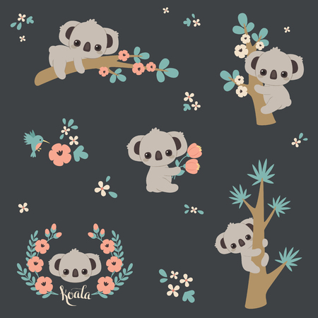 Cute koala in different poses: climbing on a tree, laying on a branch, holding flowers, etc.のイラスト素材